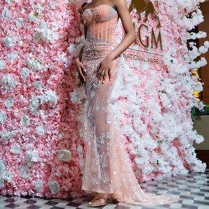 Pink Corset Prom Dress with Gems and Pearls